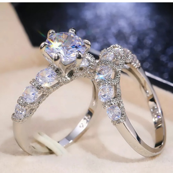 Elegant 2pcs/set 925 Silver Rings White Sapphire - Picture 2 of 3